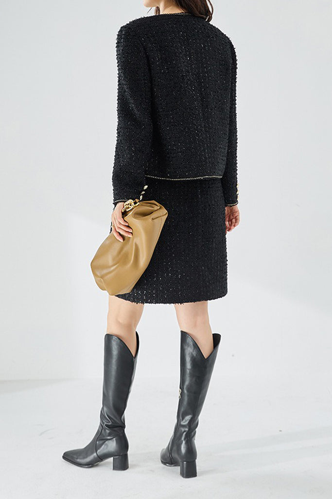 Black Wool Blend Collarless Cropped Tweed Jacket  Fibflx