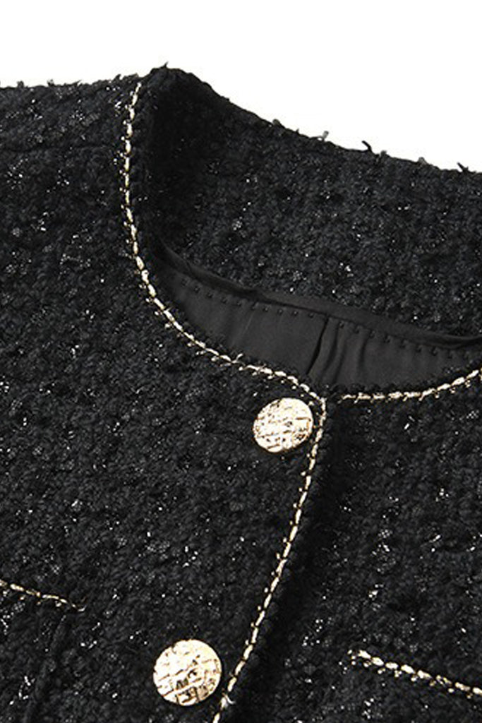 Black Wool Blend Collarless Cropped Tweed Jacket  Fibflx