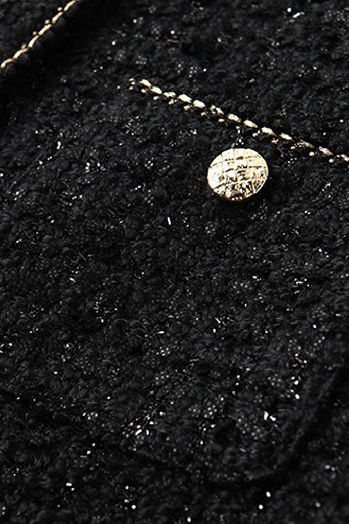 Black Wool Blend Collarless Cropped Tweed Jacket  Fibflx