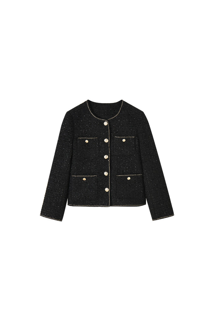 Black Wool Blend Collarless Cropped Tweed Jacket  Fibflx