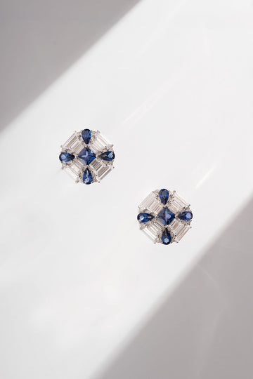 Fibflx Women's Blue & White Lab Grown Diamond Flower Stud Earrings in Sterling Silver