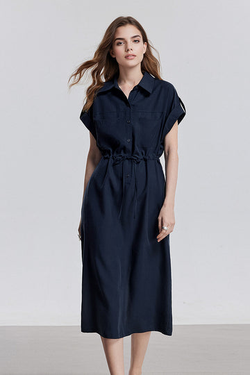 Blue Cap-Sleeve Shirt Midi Dress WIth Belt - Fibflx