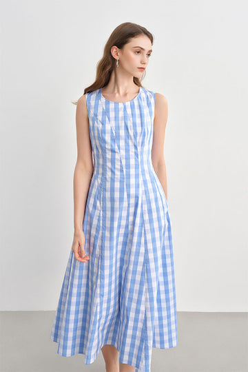 Fibflx Women's Blue Long Sleeve Gingham Midi Shirt Dress