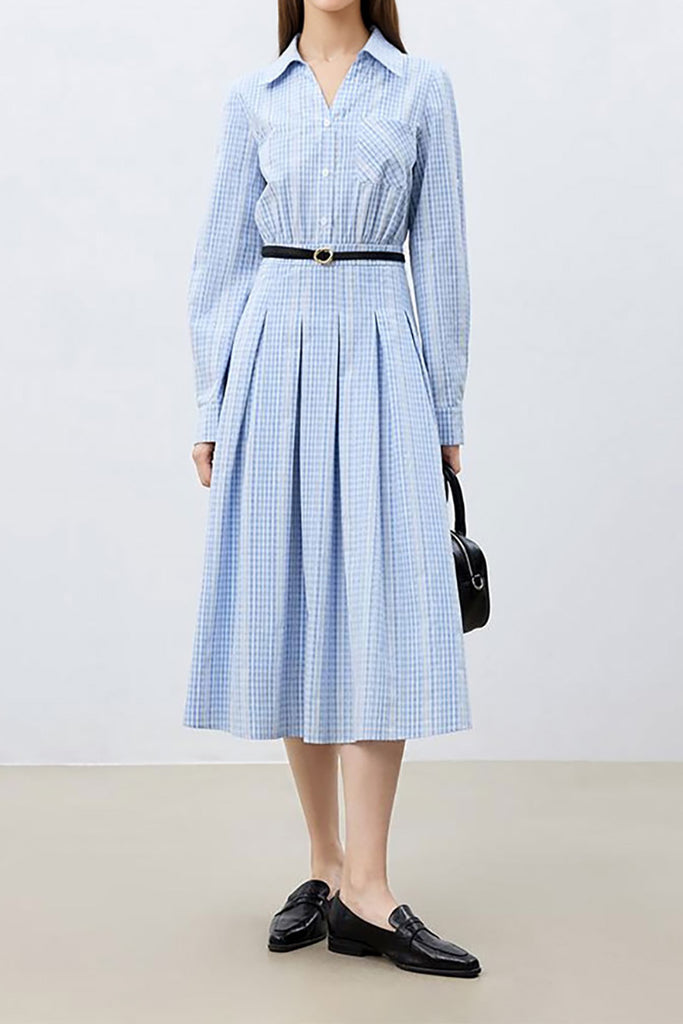 Blue Long Sleeve Gingham Midi Shirt Dress  Fibflx