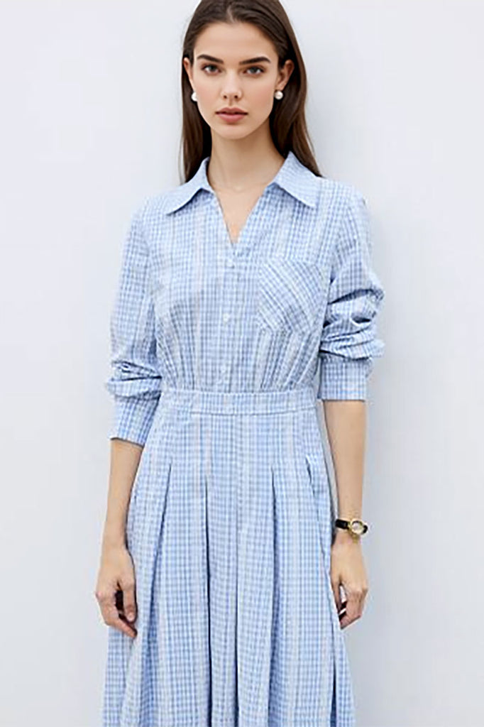 Blue Long Sleeve Gingham Midi Shirt Dress  Fibflx