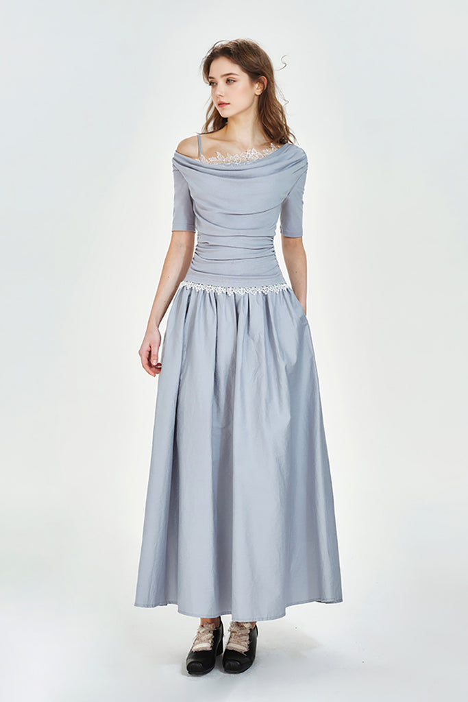 Blue Off-the-Shoulder Ruched Fit & Flare Maxi Dress S / Sonata Blue / 92% Viscose 8% Spandex Fibflx