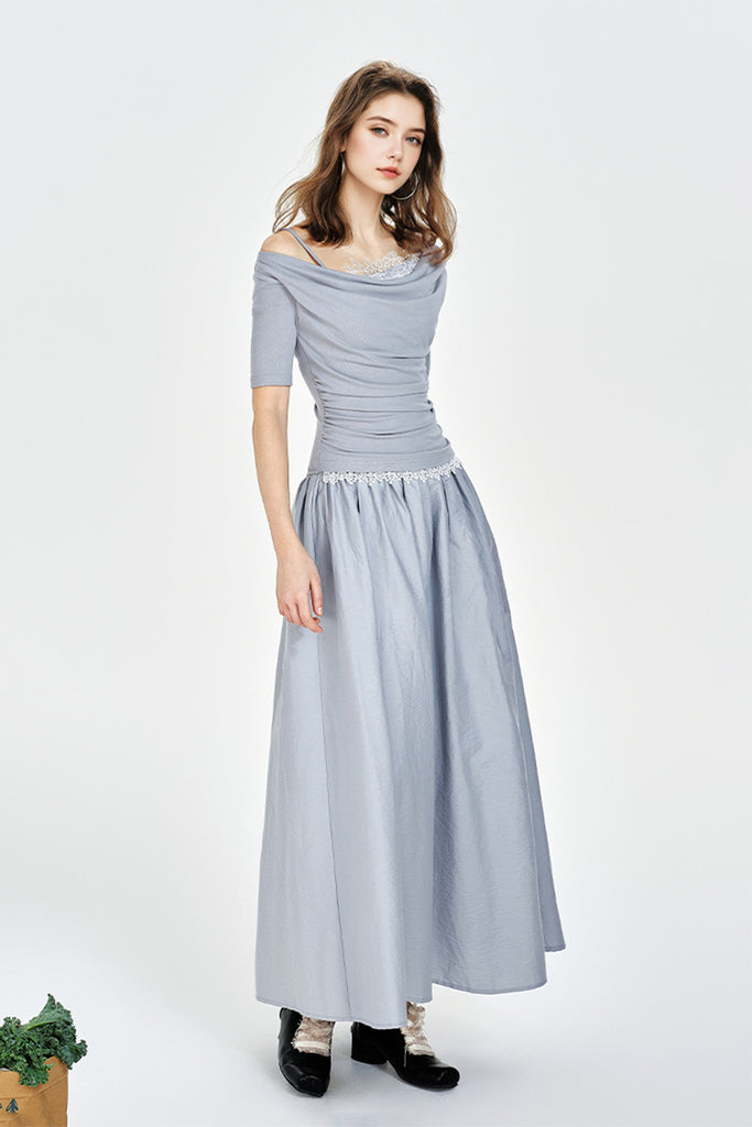 Blue Off-the-Shoulder Ruched Fit & Flare Maxi Dress  Fibflx