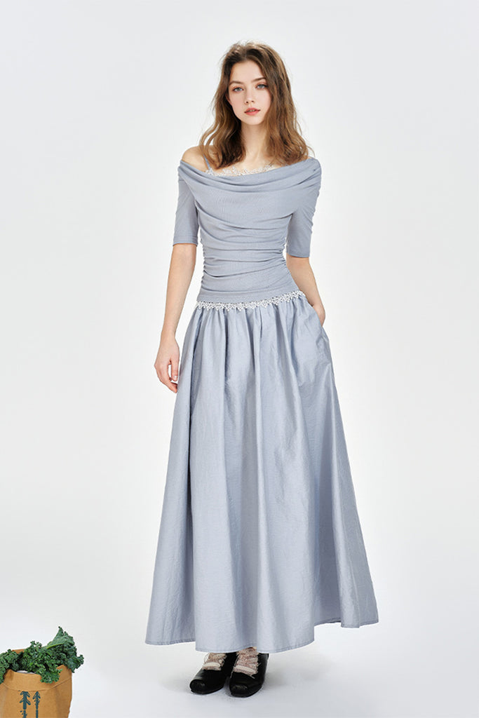 Blue Off-the-Shoulder Ruched Fit & Flare Maxi Dress  Fibflx