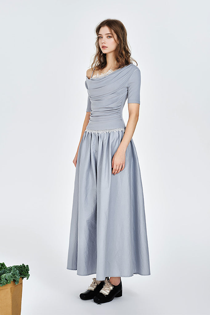 Blue Off-the-Shoulder Ruched Fit & Flare Maxi Dress  Fibflx