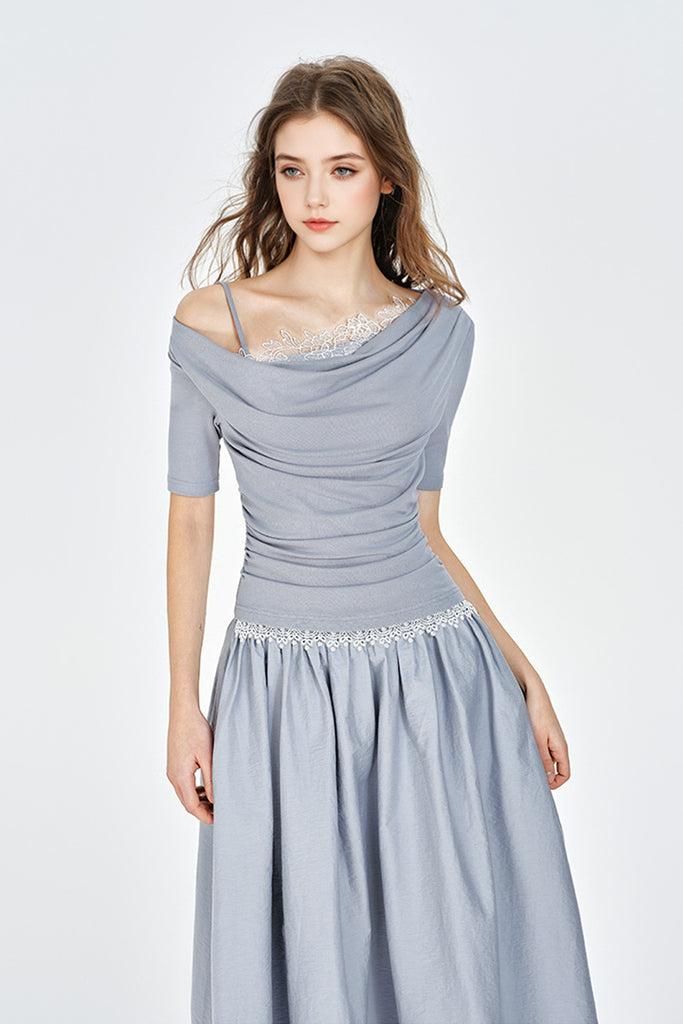 Blue Off-the-Shoulder Ruched Fit & Flare Maxi Dress  Fibflx