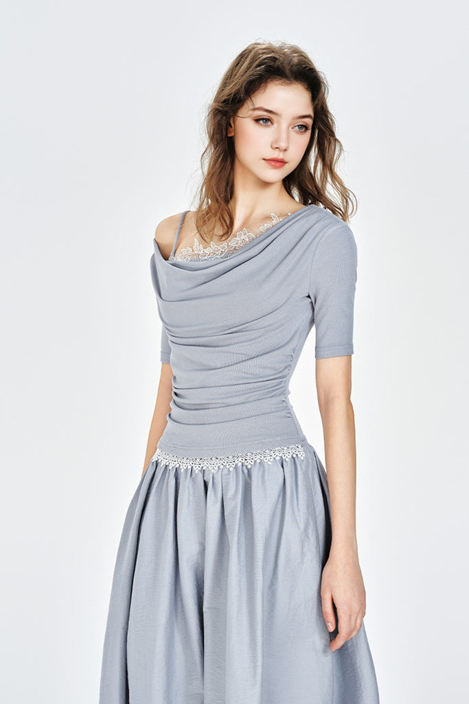 Blue Off-the-Shoulder Ruched Fit & Flare Maxi Dress  Fibflx