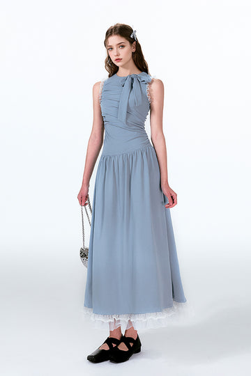 Blue Sleevelss Ruched Fit & Flare Maxi Dress with Bow & Lace - Fibflx