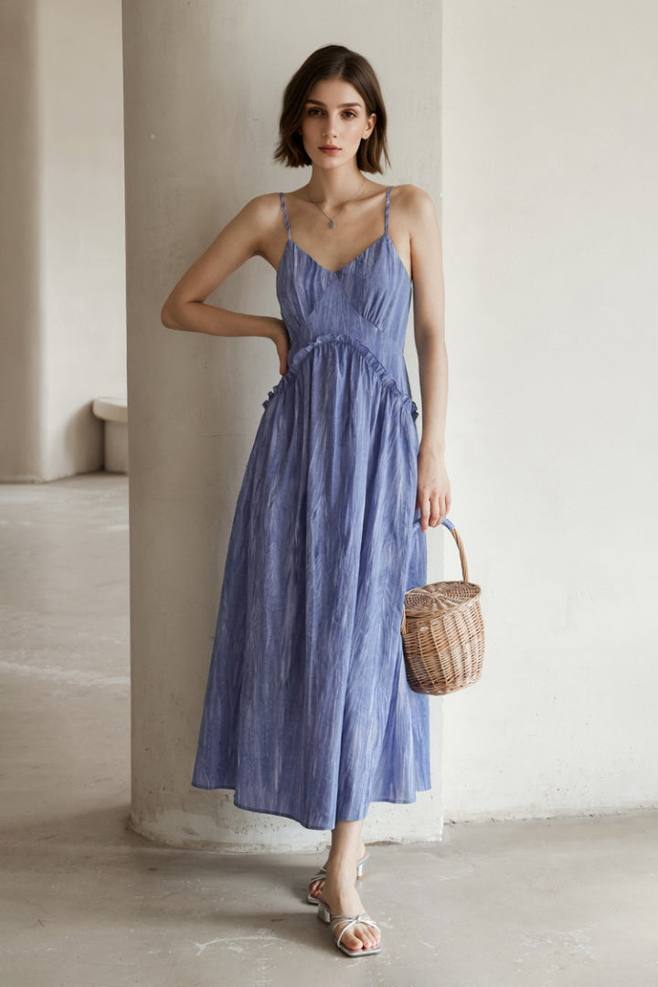 Blue Tie-Dye Spaghetti-Strap Midi Dress L / Clear Blue / 98% Polyester 2% Spandex