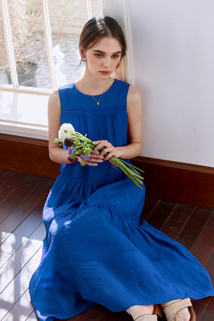 Blue Tiered Sleeveless Tank Midi Dress with Embroidered Detail  Fibflx