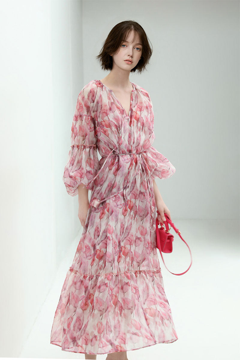 Boho Flower Balloon-Sleeve V-Neck Chiffon Maxi Dress with Underdress S / Pink / 96% Polyester 4% Spandex