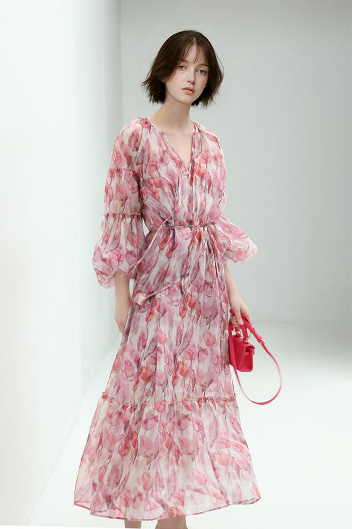 Boho Flower Balloon-Sleeve V-Neck Chiffon Maxi Dress with Underdress S / Pink / 96% Polyester 4% Spandex