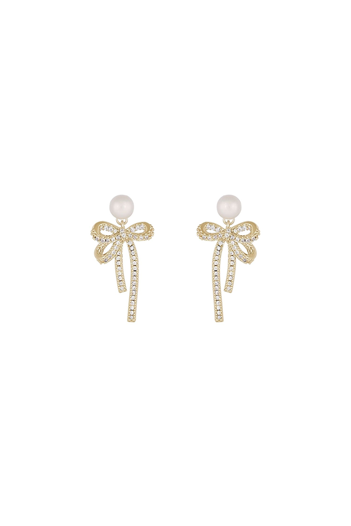 Fibflx Women's Bow Earrings with Pearl and Glimmer Gem