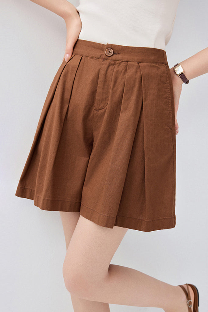 Breezy Pleated Tailored A-Line Shorts L / Chocolate Brown / 70% Cotton 29% Lyocell 1% El Fibflx