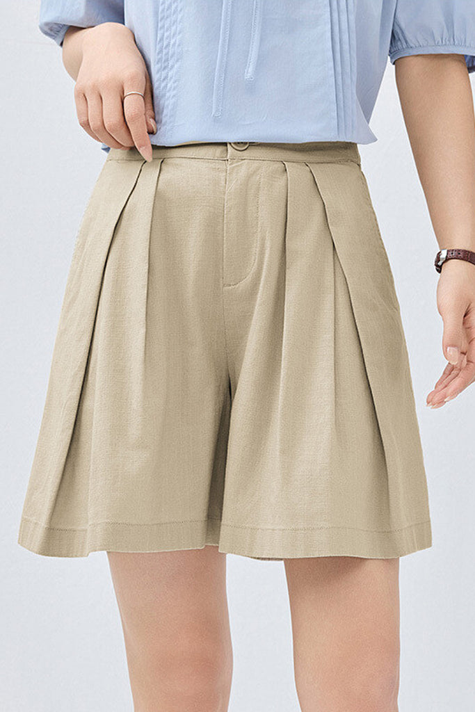 Breezy Pleated Tailored A-Line Shorts L / Oak Beige / 70% Cotton 29% Lyocell 1% Elastane Fibflx