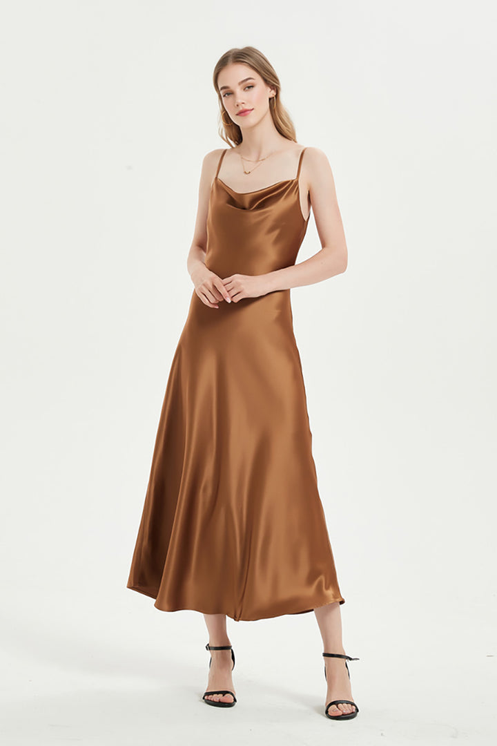 Brown Cowl-Neck Midi Slip Dress in Triacetate-Blend M / Golden Brown / 72% Triacetate 28% Polyester