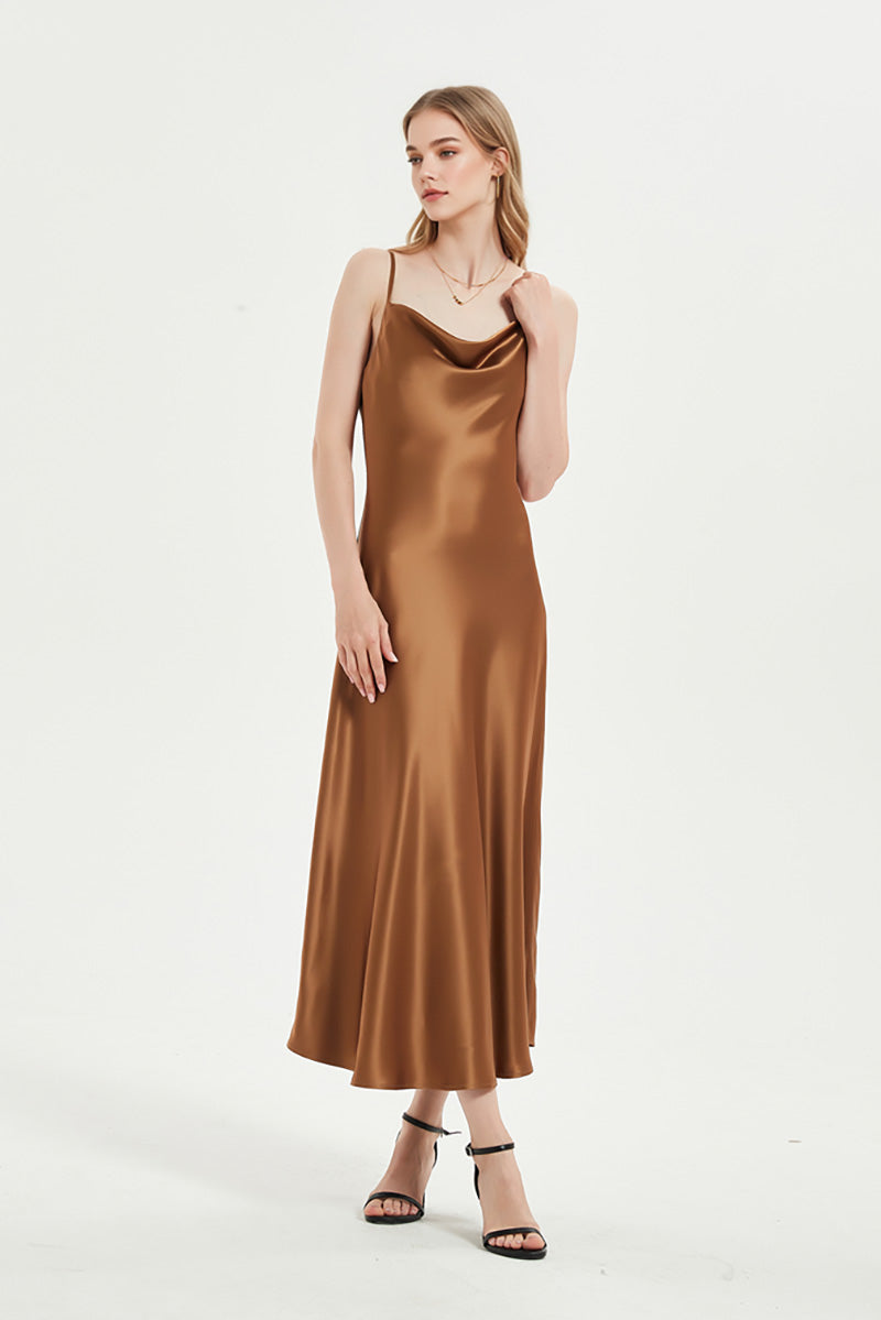 Brown Cowl-Neck Midi Slip Dress in Triacetate-Blend M / Golden Brown / 72% Triacetate 28% Polyester