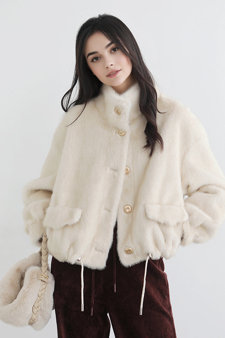 Brown Faux Mink Fur Stand-Collar Jacket  Fibflx