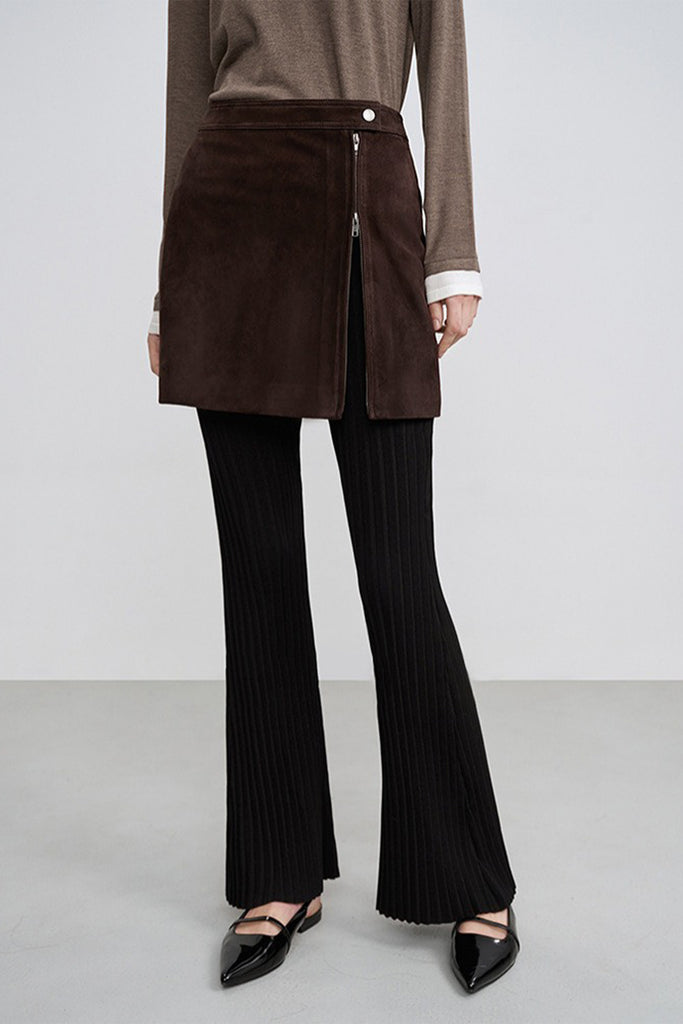 Brown Goatskin Suede Double-Zip Mini Skirt  Fibflx