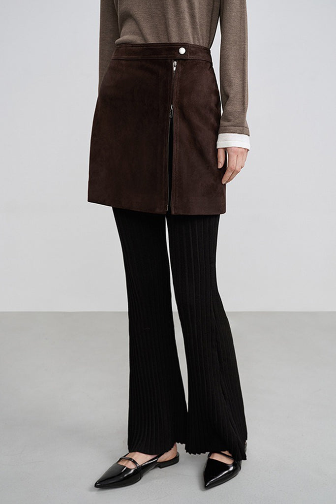 Brown Goatskin Suede Double-Zip Mini Skirt  Fibflx