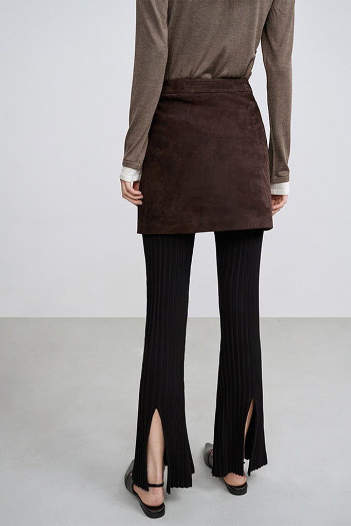 Brown Goatskin Suede Double-Zip Mini Skirt  Fibflx