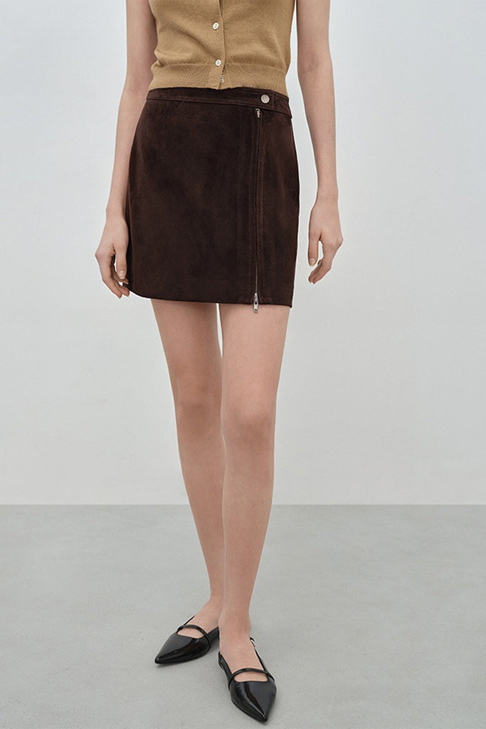 Brown Goatskin Suede Double-Zip Mini Skirt  Fibflx