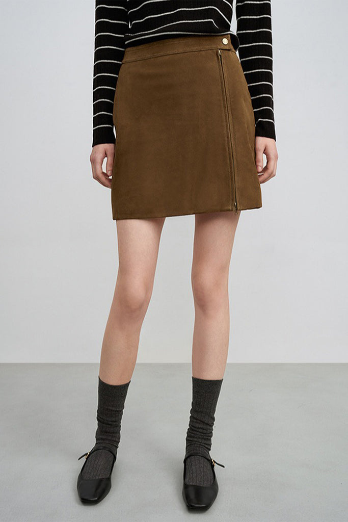 Brown Goatskin Suede Double-Zip Mini Skirt  Fibflx