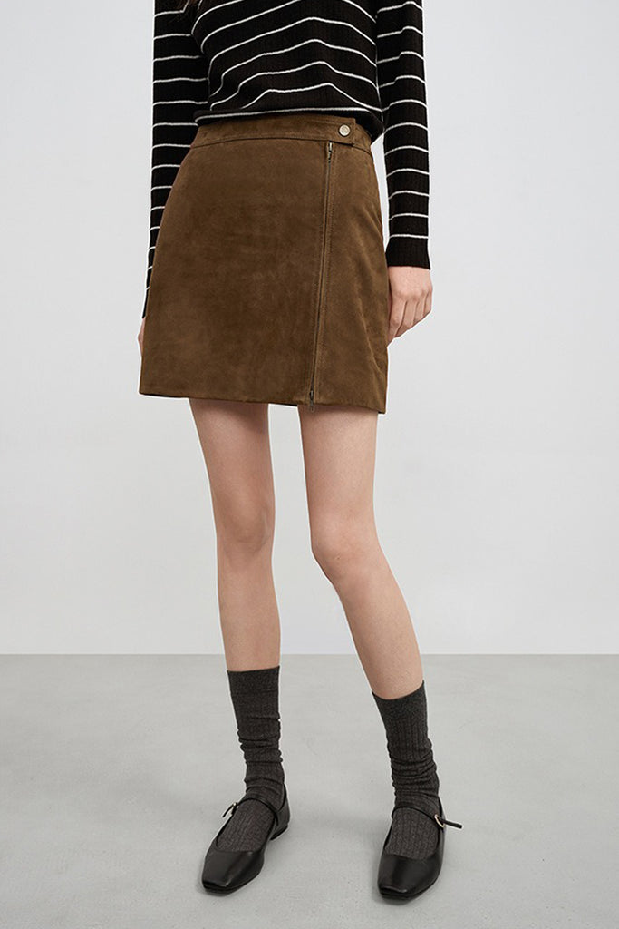 Brown Goatskin Suede Double-Zip Mini Skirt  Fibflx