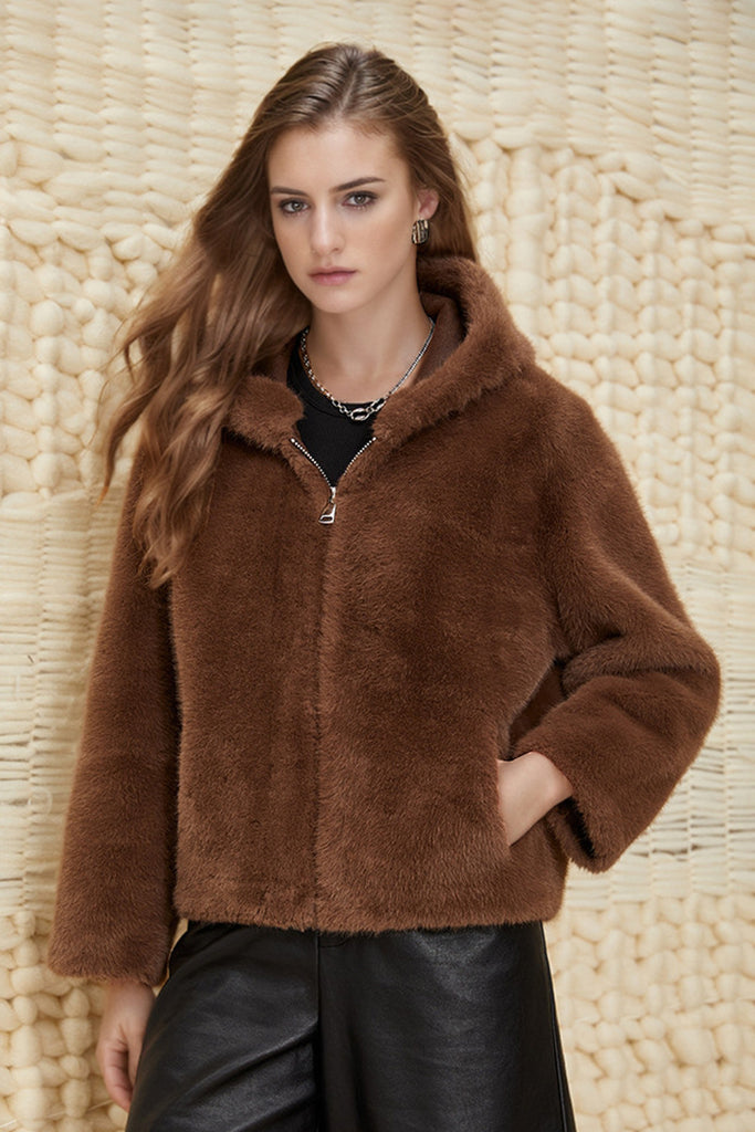 Fibflx Women's Brown Hooded Faux Fur Zip-Up Jacket