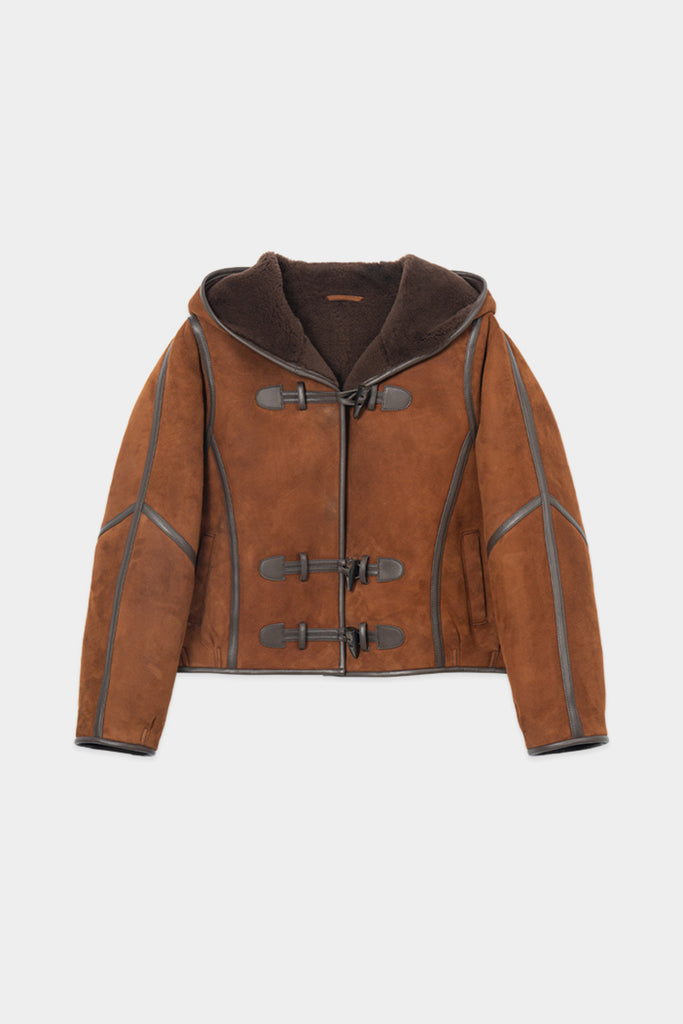 Brown Hooded Shearling Sheepskin Jacket  Fibflx
