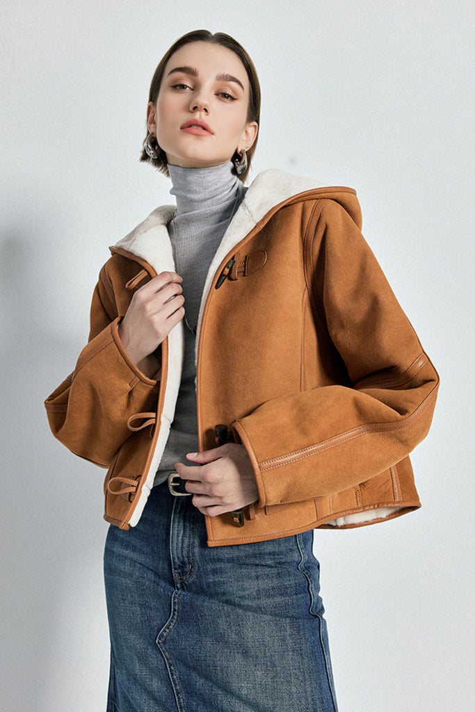 Brown Hooded Shearling Sheepskin Jacket M / Golden Brown / 100% Shearling Fibflx