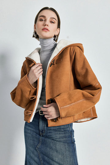 Brown Hooded Shearling Sheepskin Jacket M / Golden Brown / 100% Shearling Fibflx