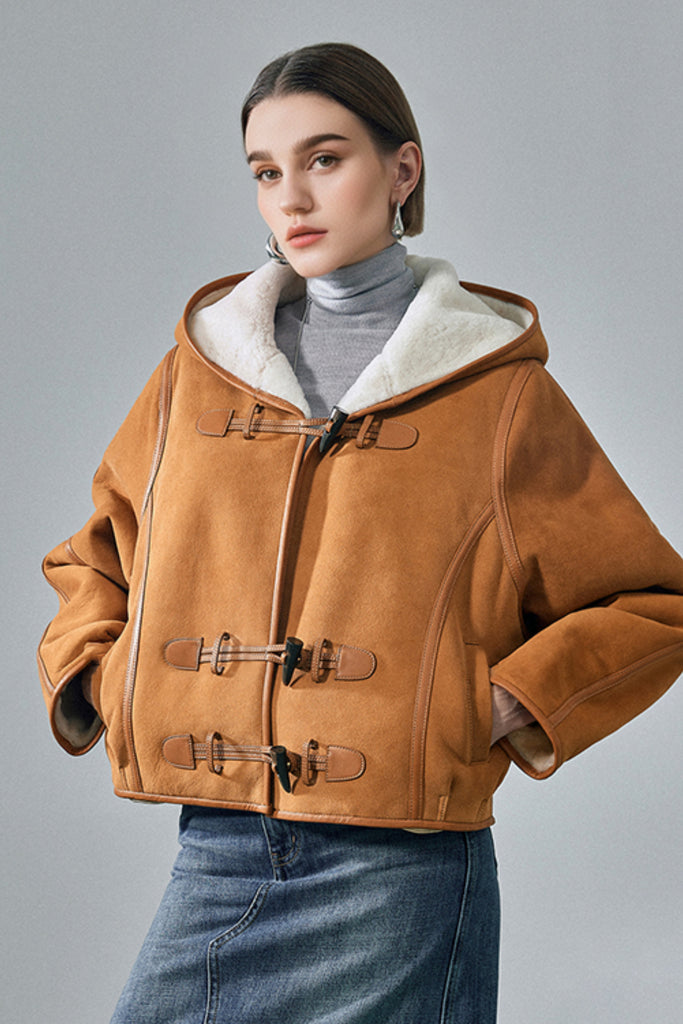 Brown Hooded Shearling Sheepskin Jacket  Fibflx