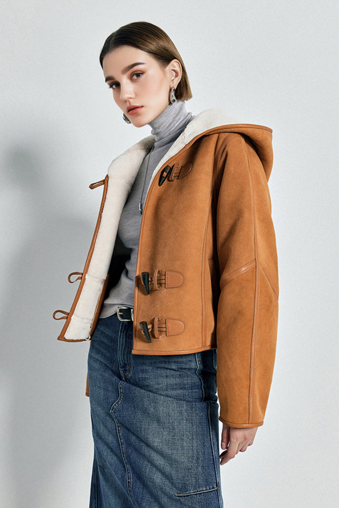 Brown Hooded Shearling Sheepskin Jacket  Fibflx