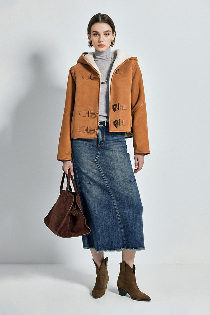 Brown Hooded Shearling Sheepskin Jacket  Fibflx