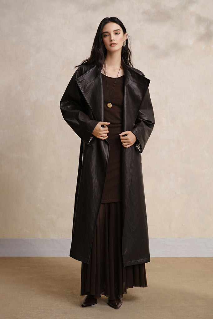 Brown Leather Wrap Belted Trench Coat  Fibflx