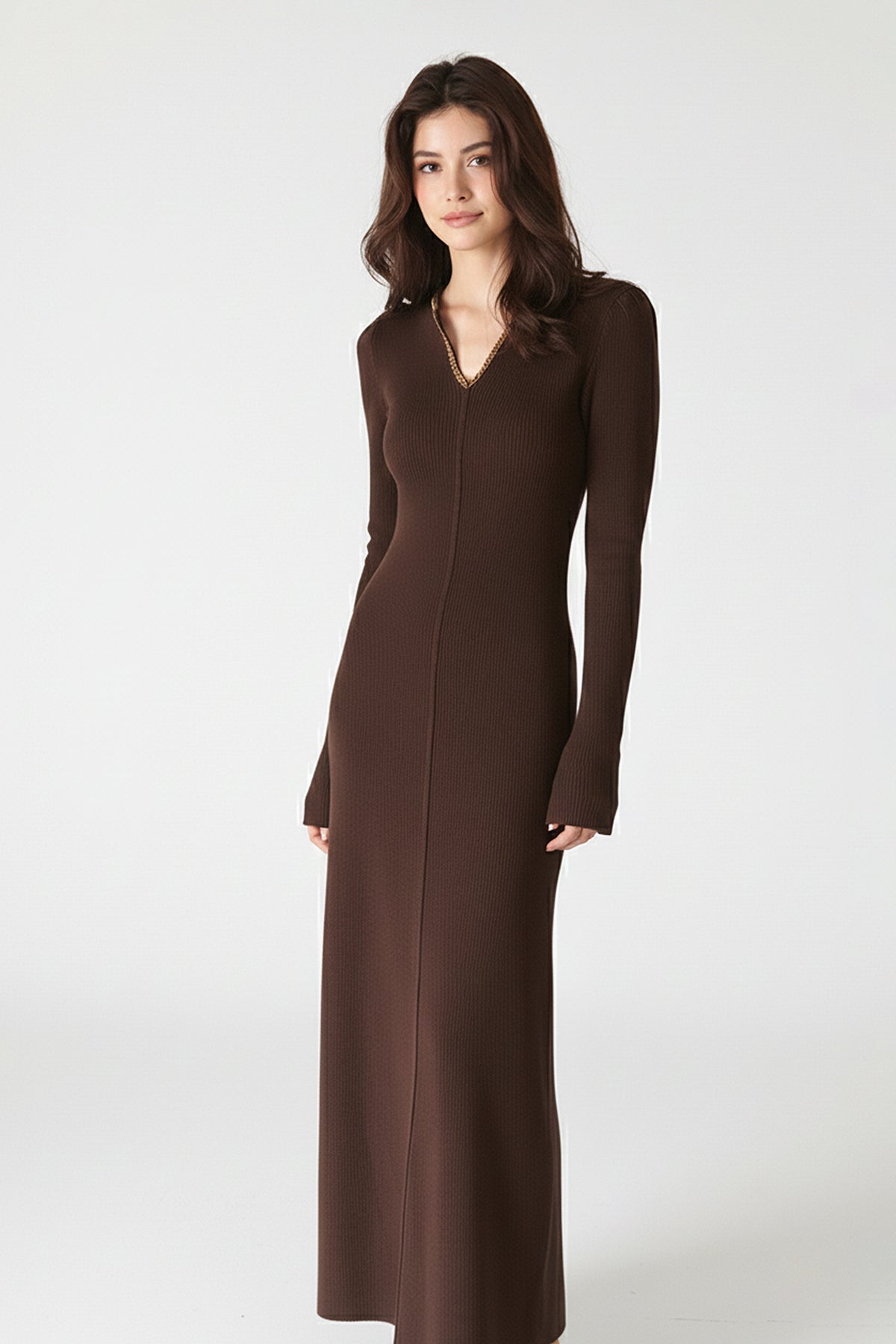 Brown Wool-Blend Long Sleeve V-Neck Sweater Dress Coconut Brown / S