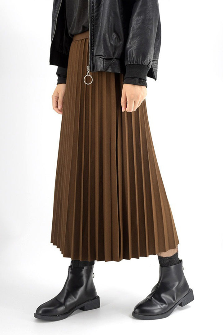 Brown Wool Blend Maxi Pleated Skirt  Fibflx