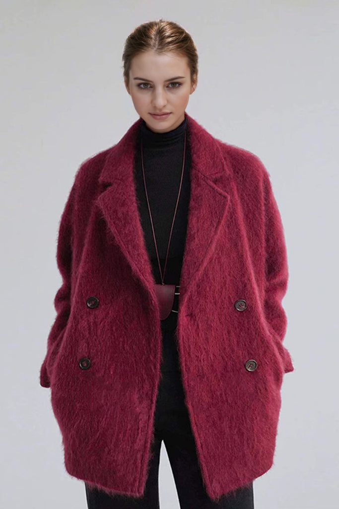 Fibflx Women's Brushed Cashmere-Wool Double Breasted Coat with Lapel Collar