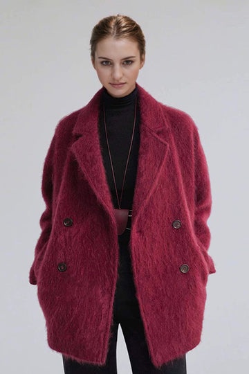 Fibflx Women's Brushed Cashmere-Wool Double Breasted Coat with Lapel Collar