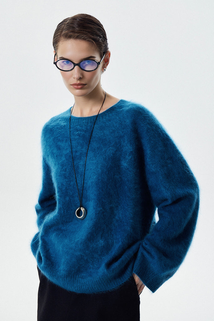 Brushed Cashmere Seamless Knit Crewneck Sweater Aqua Blue / M / 100% Cashmere (Weight: 230g (±20g) Fibflx