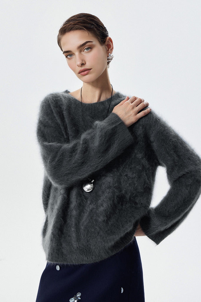 Brushed Cashmere Seamless Knit Crewneck Sweater  Fibflx