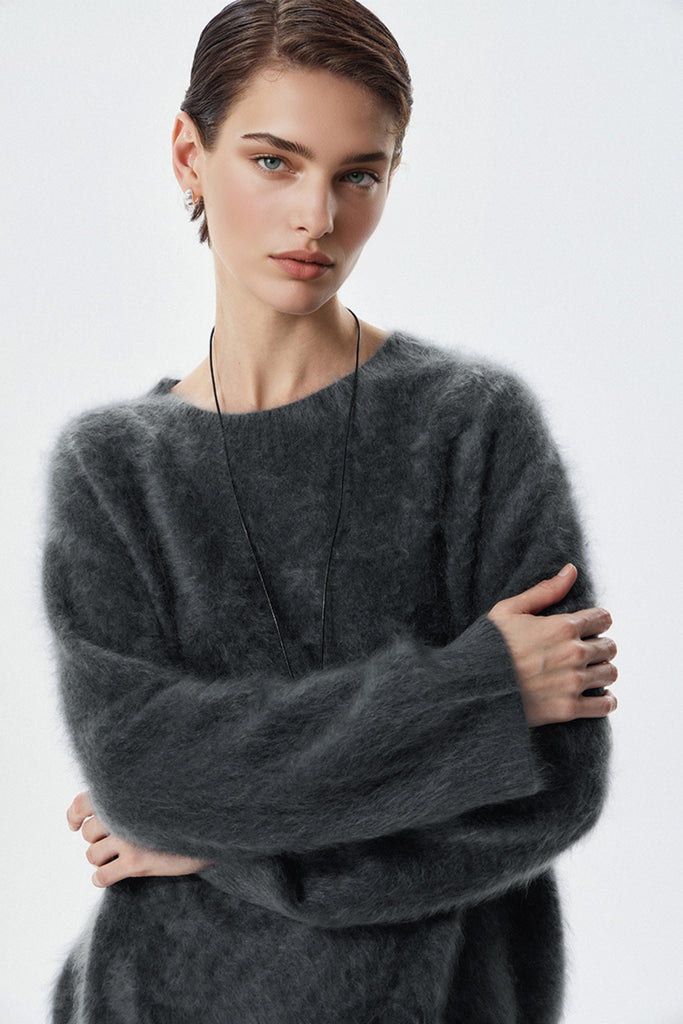 Brushed Cashmere Seamless Knit Crewneck Sweater  Fibflx