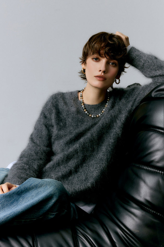 Brushed Cashmere Seamless Knit Crewneck Sweater  Fibflx