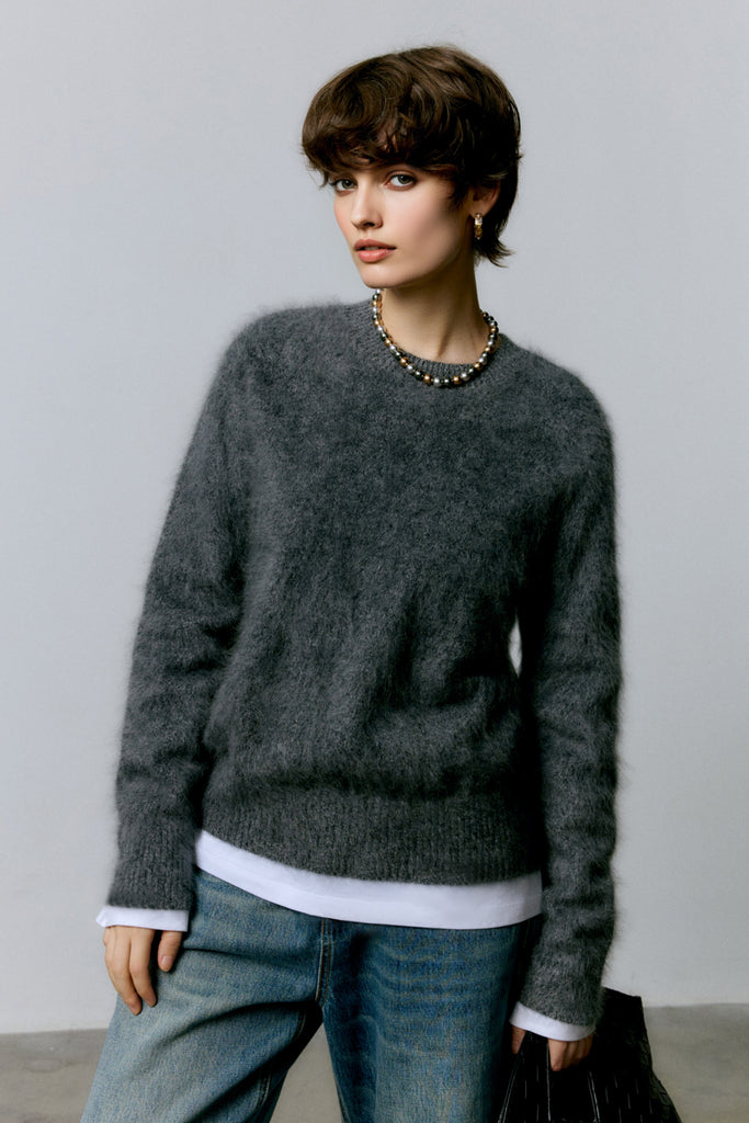 Brushed Cashmere Seamless Knit Crewneck Sweater  Fibflx