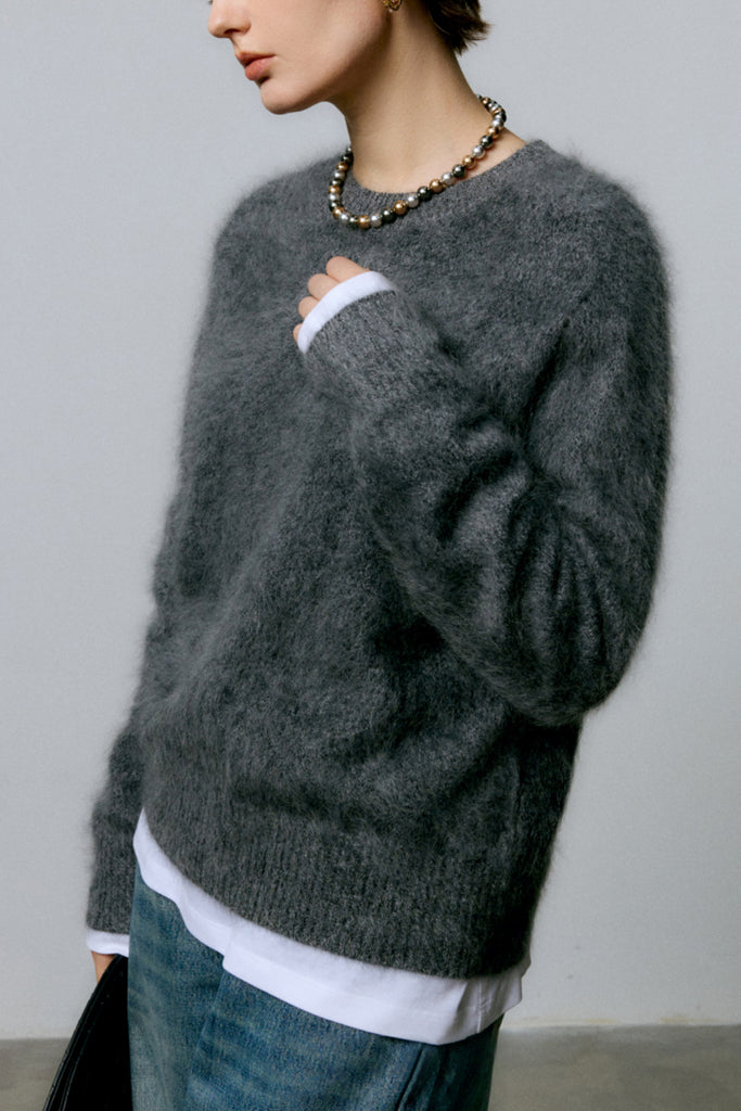 Brushed Cashmere Seamless Knit Crewneck Sweater  Fibflx